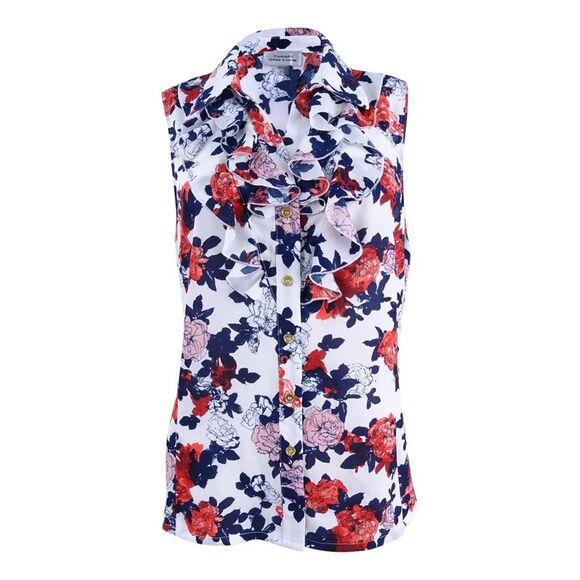 Tahari Women's Floral-Print Button-Front Blouse - Ivory/Navy/Poppy - Picture 1 of 2